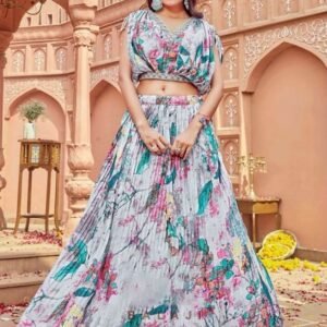 Presenting Gray Georgette Embroidery Crop Top With Skirt