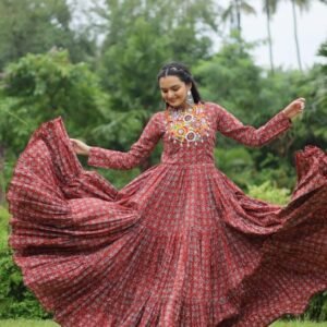 Presenting maroon Designer Gown with Traditional Kodi Work