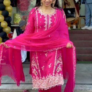 Pretty Cinon Silk With Embroidery Work Pink Kurti Set