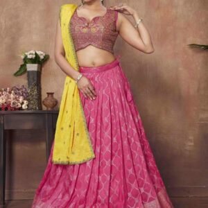 Pretty Pink Ready Made Lehenga choli With Yellow Dupatta