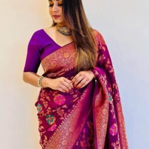 Pretty Purple Banarasi Soft Silk Saree with Copper Zari Work