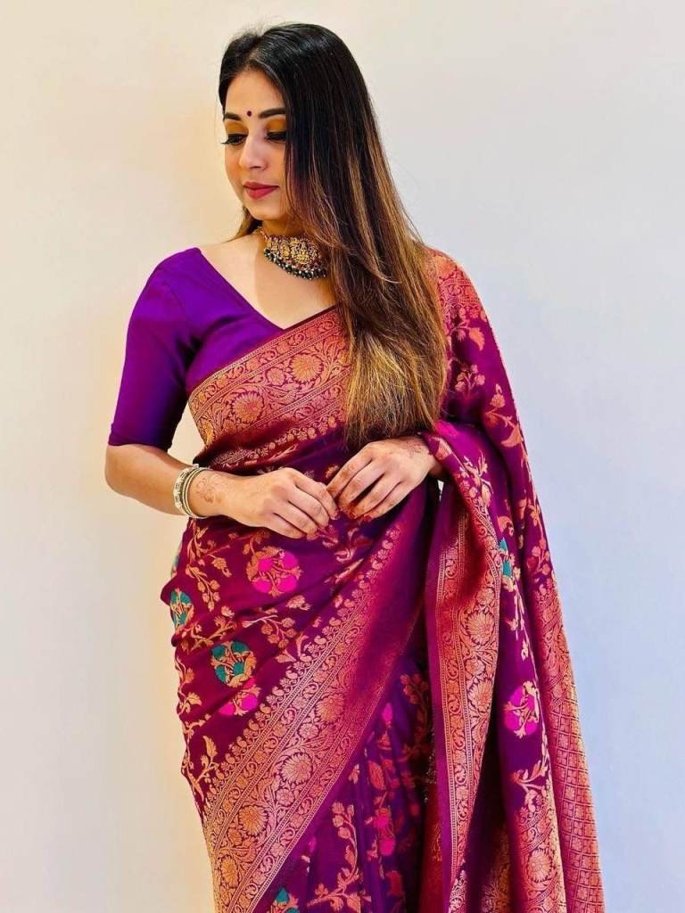 pretty purple banarasi soft si 1711797623 Pretty Purple Banarasi Soft Silk Saree with Copper Zari Work