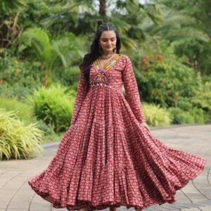 Printed Cotton Maroon Kurti With Kutchi Gamthi Work