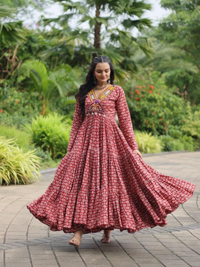 printed cotton maroon kurti wi 1727257265 Printed Cotton Maroon Kurti With Kutchi Gamthi Work