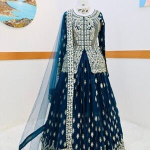 Prussian Blue Color Georgette Indo Western Dresses