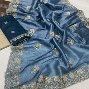 Prussian Color Soft Gold Crush Fabric Saree