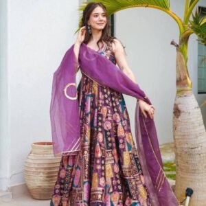 Puple Function Wear Anarkali Chinon Silk Kurtis Dupatta Set