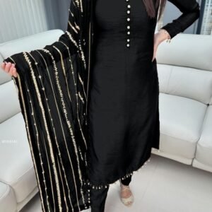 Pure Chinnon With Embroidery Sequence Work Black Readymade Suit