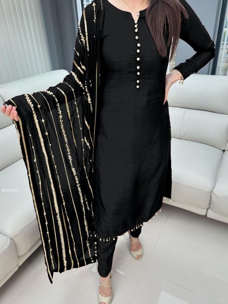 pure chinnon with embroidery s 1717756455 Pure Chinnon With Embroidery Sequence Work Black Readymade Suit
