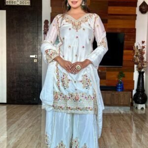 Pure Chinon White Fully Stitched Sharara Outfit