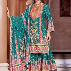 Pure Crape Silk Rama Colour Sharara Suit