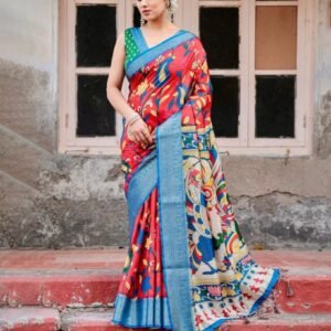 Pure Digital Silk Printed Blue And Pink Saree For Women