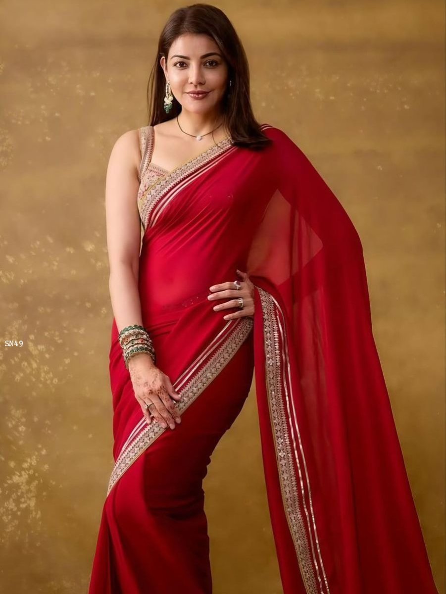 pure fendy satin silk red sare 1770459721 Pure Fendy Satin Silk Red Saree with Jari Dori And Sequins Embroidery