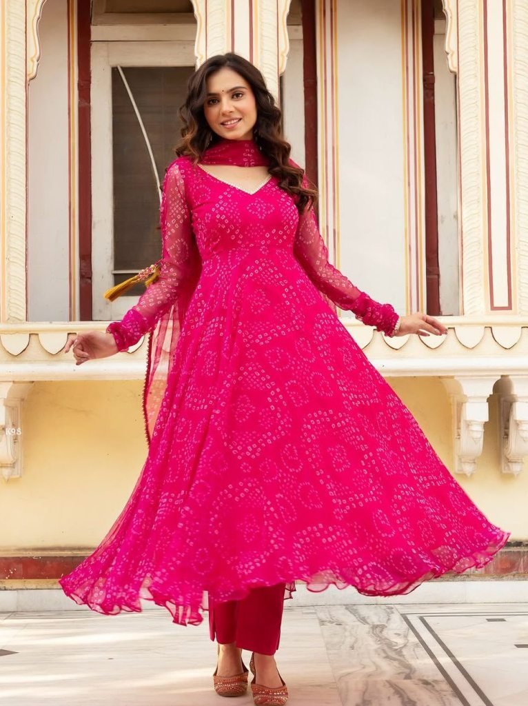 pure georgette printed pink an 1735212141 Pure Georgette Printed Pink Anarkali Suit With Huge Flair