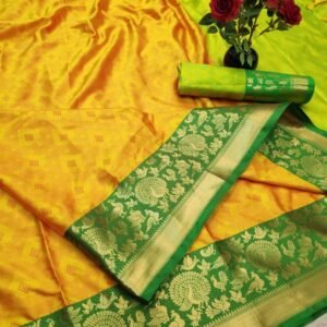 Pure Kanjivaram Self Jacquard Yellow With Green Border Sarees