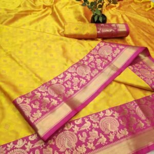 Pure Kanjivaram Self Jacquard Yellow With Pink Border Sarees