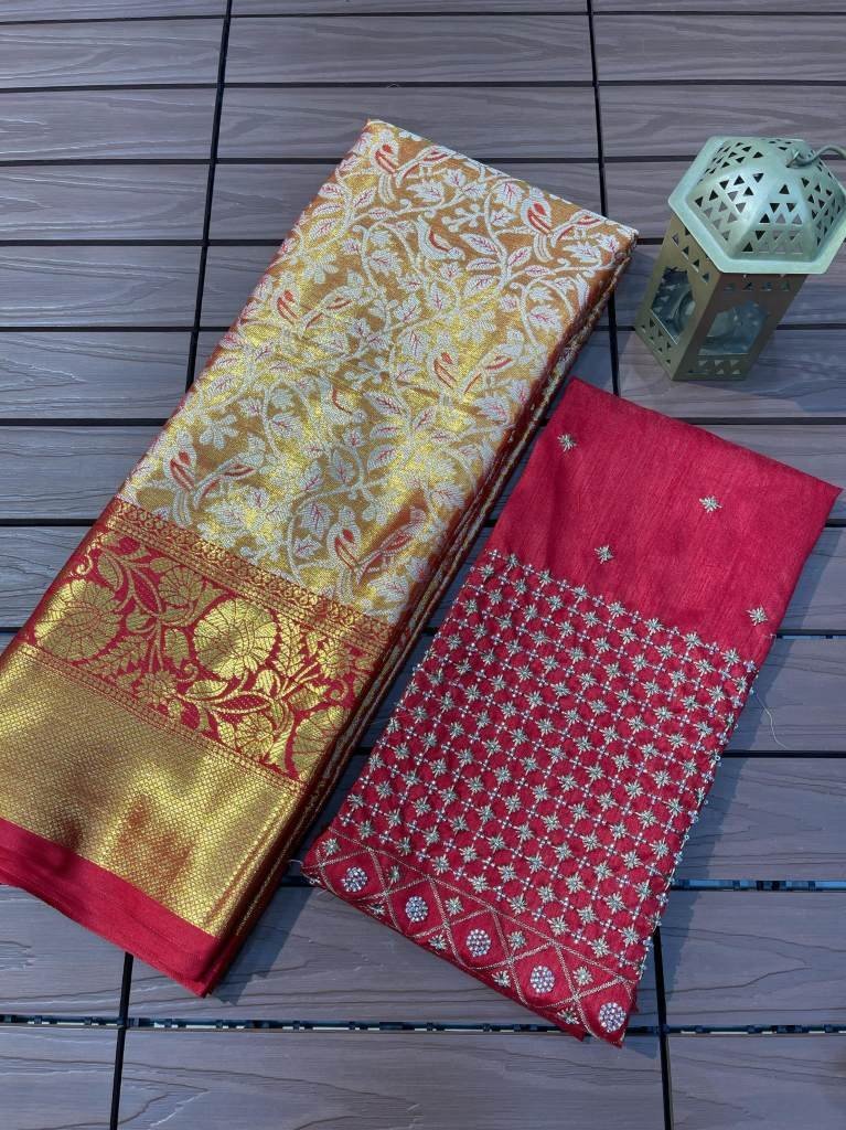 pure kanjivaram silk mina weav 1712291026 Pure Kanjivaram Silk Mina Weaving Saree With Khatali Handwork Blouse