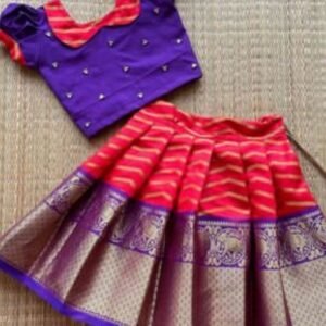 Pure Lichi Zari Silk Kids Pink With Blue Lehenga