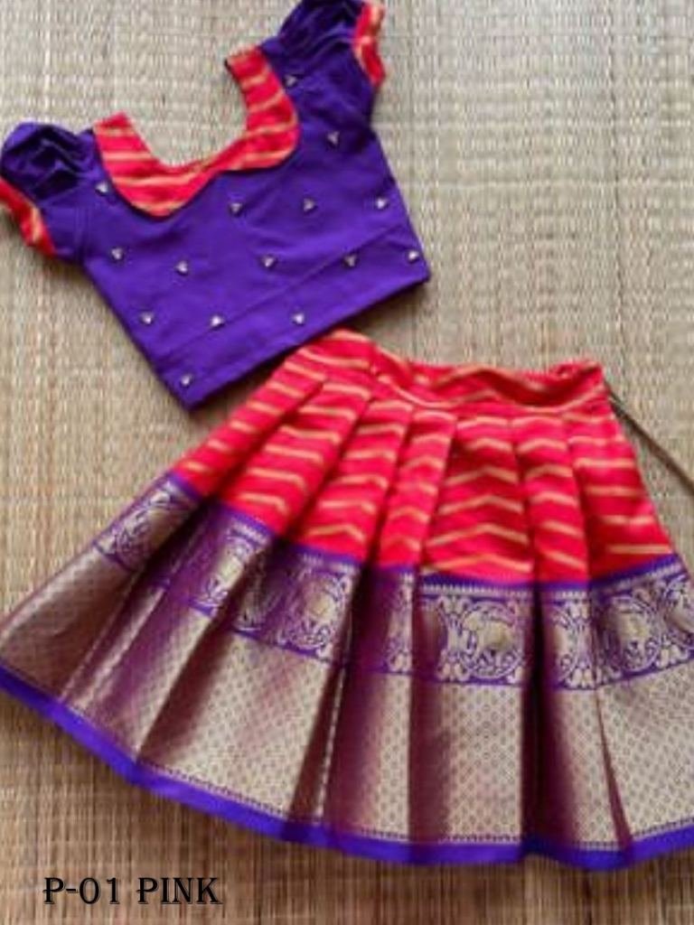 pure lichi zari silk kids pink 1717571477 Pure Lichi Zari Silk Kids Pink With Blue Lehenga