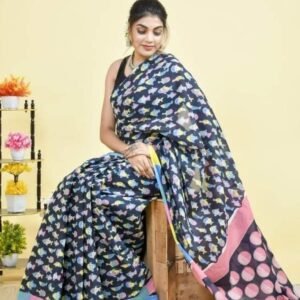 New Pure Digital Printed Linen Black Saree