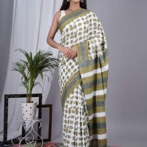 Designer Pure Linen Digital Printed Mehendi Saree