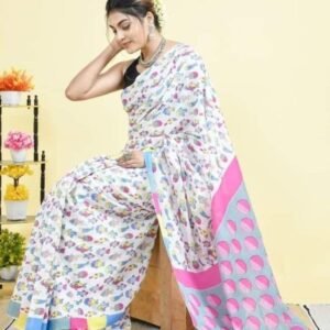 Pure Linen White And Light Pink Saree