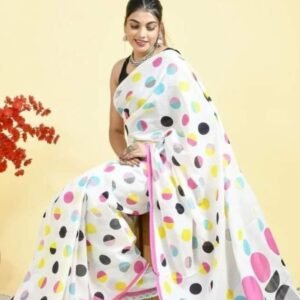 Fancy Pure Linen Digital Printed White And Multi Color Saree