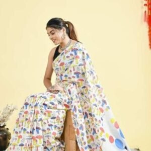 New Collection Pure Linen Digital Printed White Saree