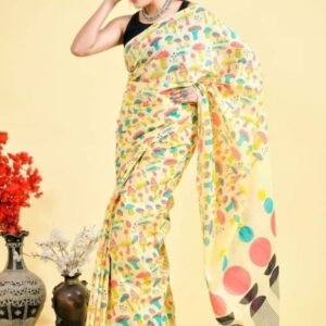New Collection Pure Linen Yellow Digital Printed Saree