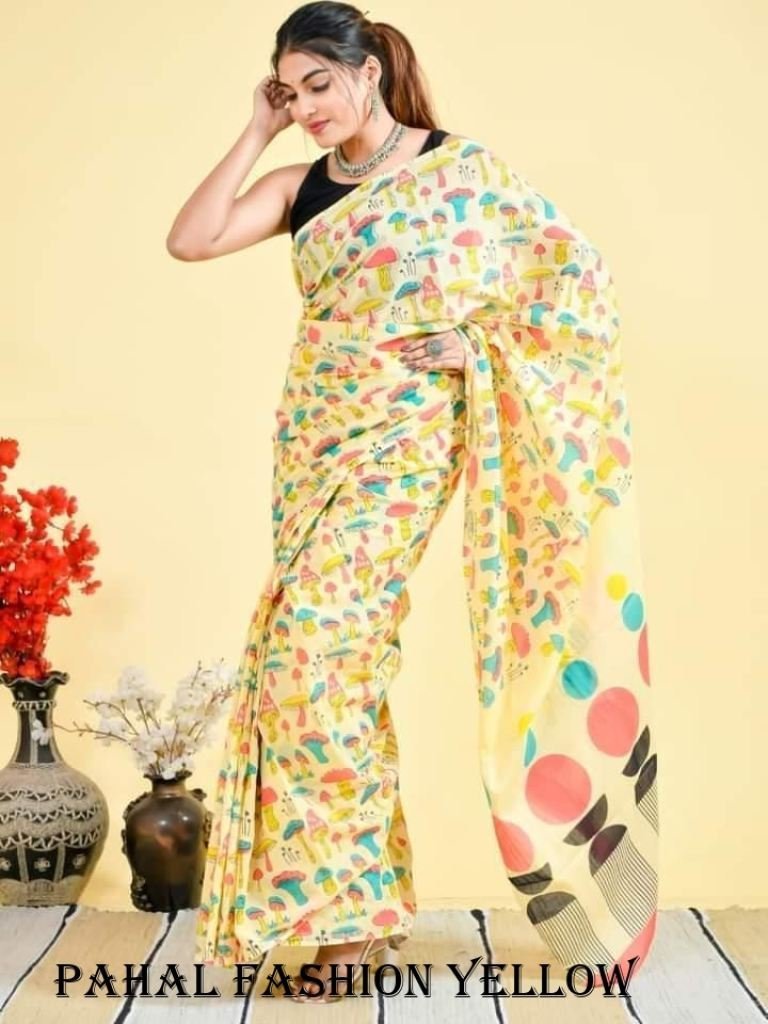 pure linen yellow saree 1716818351 New Collection Pure Linen Yellow Digital Printed Saree