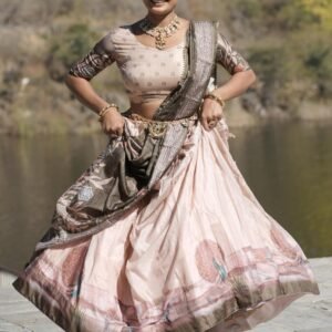 Pure Manipuri Silk Pista Kalamkari Fully Printed Lehenga