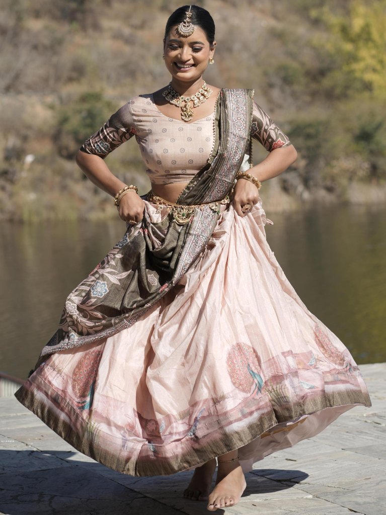 pure manipuri silk pista kalam 1738066947 Pure Manipuri Silk Pista Kalamkari Fully Printed Lehenga