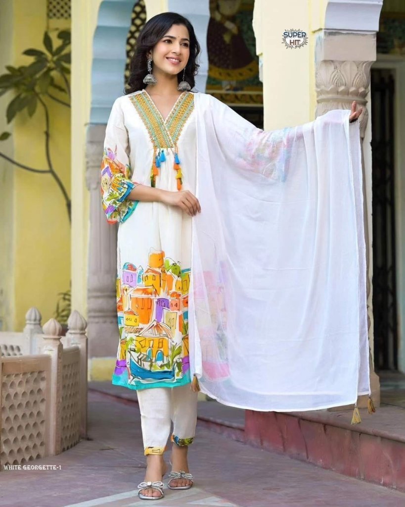 pure printed georgette top wit 1712918728 Pure Printed Georgette top with Embroidery and mirror work Designer suit