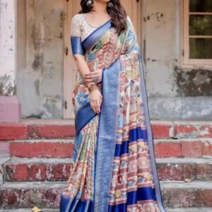 Pure Silk Digital Printed Blue Saree From Fab Funda