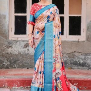 Pure Silk Digital Printed Light Pink And Blue Saree