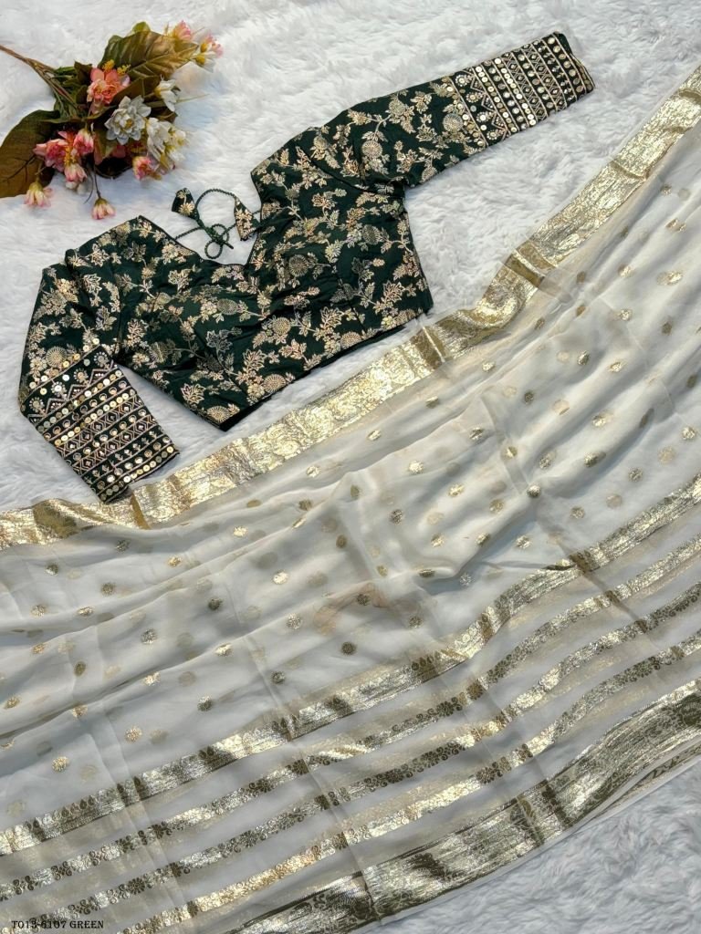 pure viscose saree with ready 1717824590 Pure Viscose Saree With ReadyMade Green Blouse