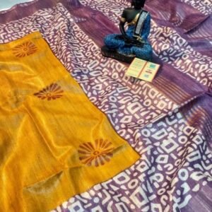 Purple And Yellow Screen Printed Original Tussar Ghicha Silk Saree
