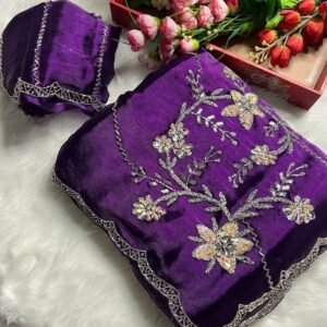 Purple Attractive Multi Work And Khatli Cut Work Zimmy Choo Sare