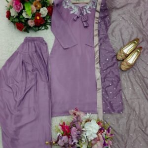 Purple Charm Premium Embroidered Kurti And Farsi Salwar With Elegant Dupatta