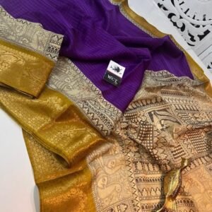 Purple Check Weaving Zari Dola Silk Saree