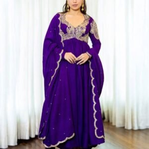 Purple Chinon Silk Embroidered Anarkali Gown with Dupatta