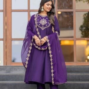 Purple Deginer Neck Embroidered Work Pure Chinon Kurtis Set