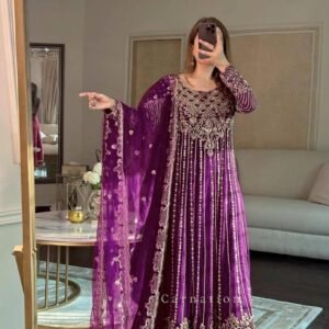 Wine Designer Anarkali Gown With Dupatta