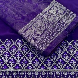 Purple Designer Border Embroidered Georgette Saree With Heavy Unstitch Blouse