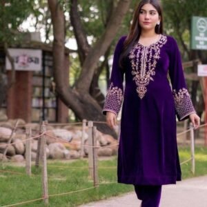 Purple Designer Embroidery Work Velvet Kurtis Palazo With Dupatta