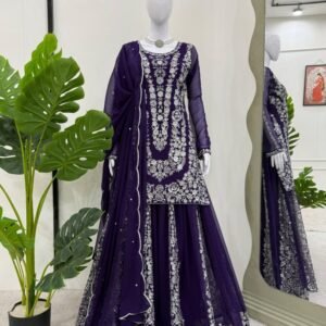 Purple Designer Palazo Set With Beautiful Thread Work