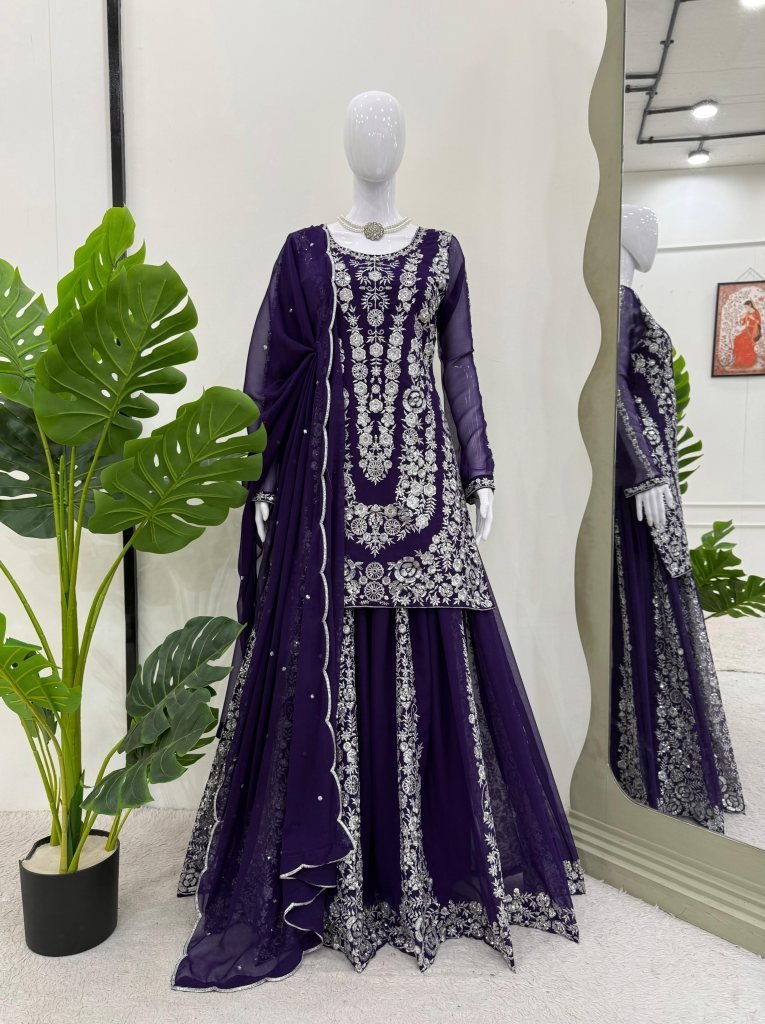 purple designer palazo set wit 1743852171 Purple Designer Palazo Set With Beautiful Thread Work