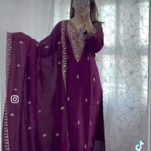 Purple Exclusive Pure Chinon Silk Top And Pant Set With Dupatta