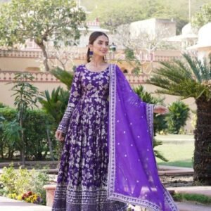 Purple Embroidered Viscose Stitched Gown With Sequence Work