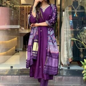 Purple Exclusive Festival Wear Readymade Multi Work Roman Silk Kurtis Set